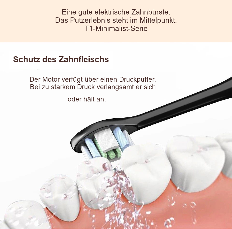 Sonic Peal-Clean Schallzahnbürste – Bürstenkopf auf Zahn und Zahnfleisch