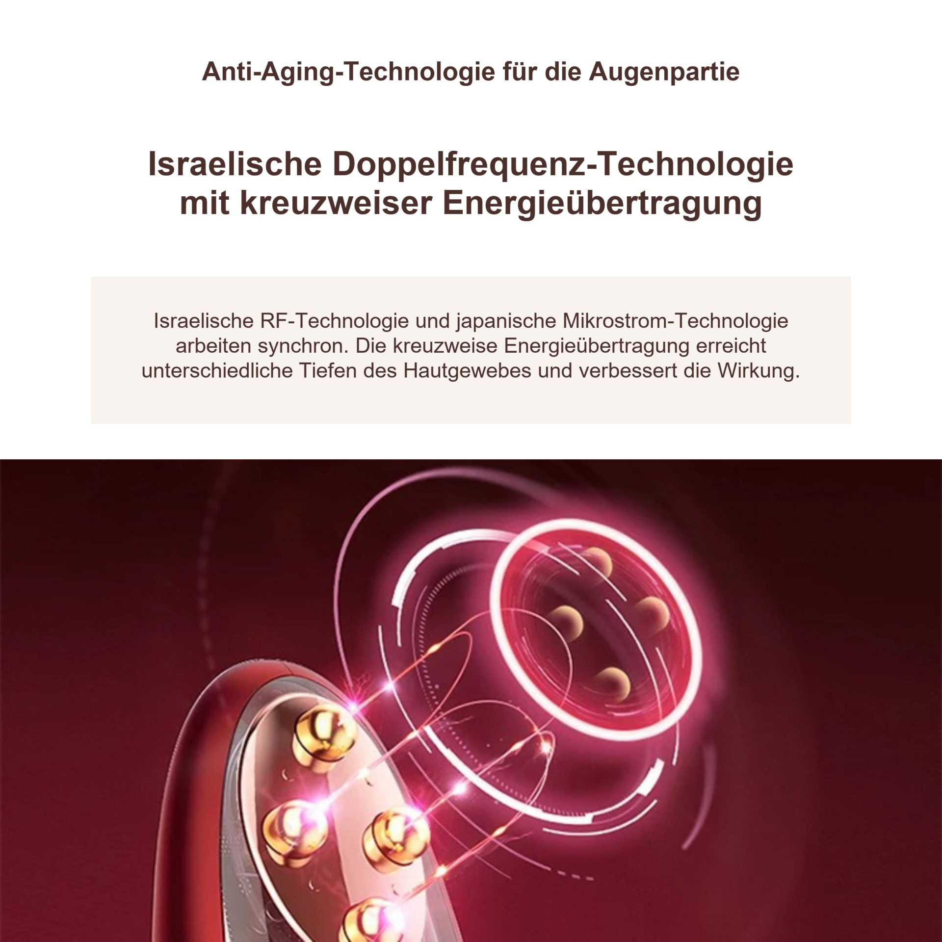Eye Catcher - Anti-Aging-Gerät – Nahansicht der Kontaktpunkte mit RF-/Mikrostromvisualisierung