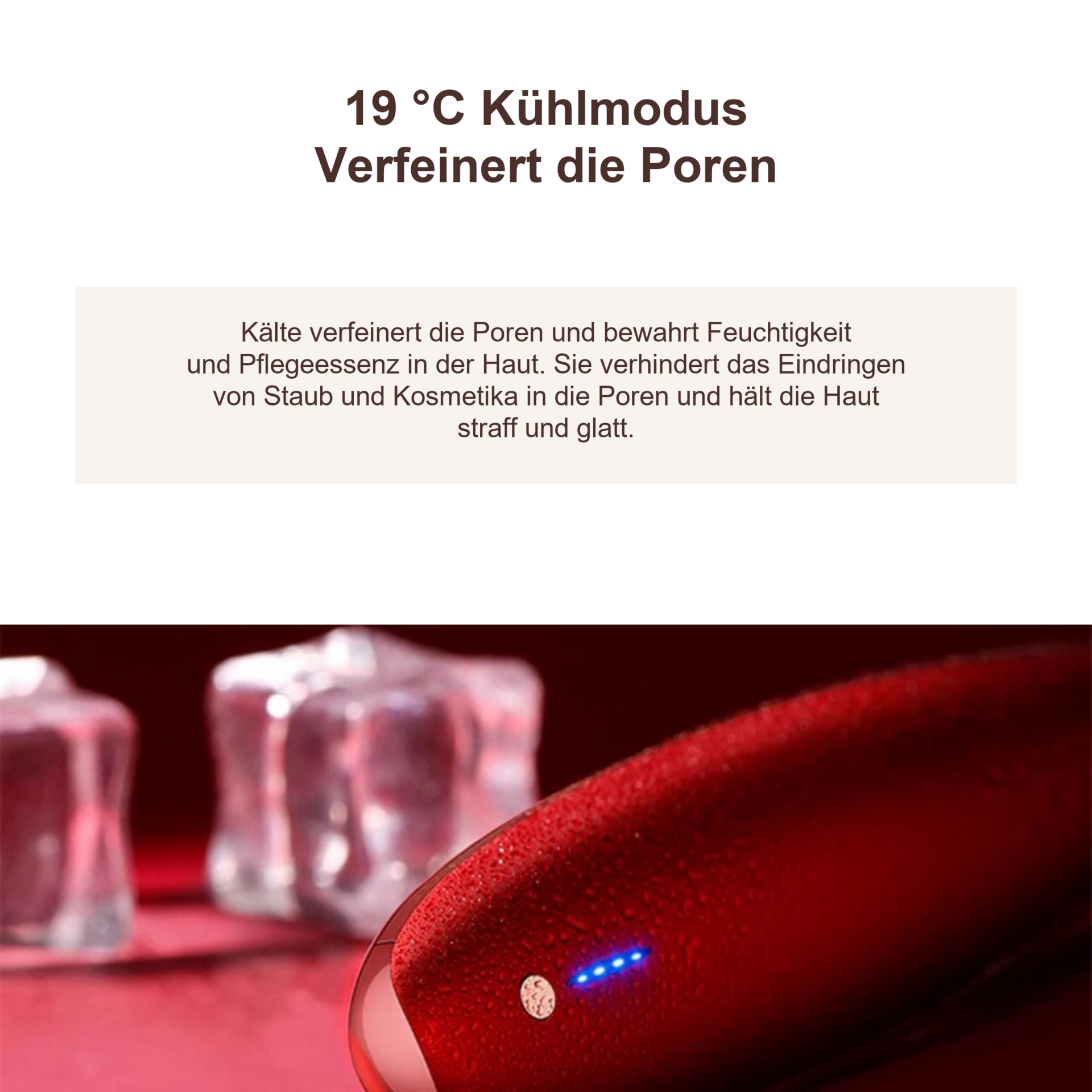 Eye Catcher - Anti-Aging-Gerät – Kühlmodus-Nahaufnahme mit blauer Anzeige und Eiswürfel