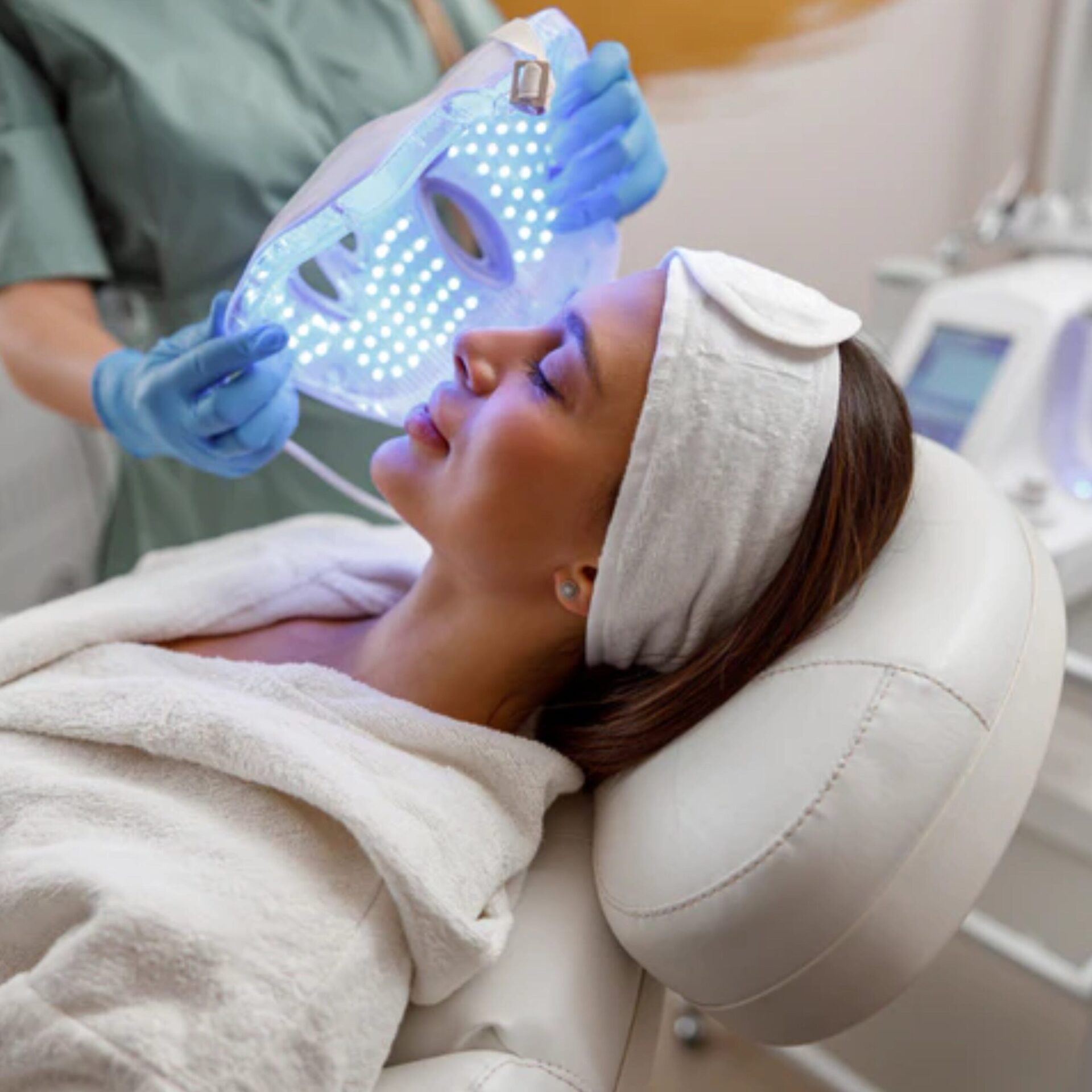 LED Gesichtsmaske, Anti-Aging-Gerät, Light facial – Blaue LED-Maske bei liegender Anwendung im Behandlungsraum