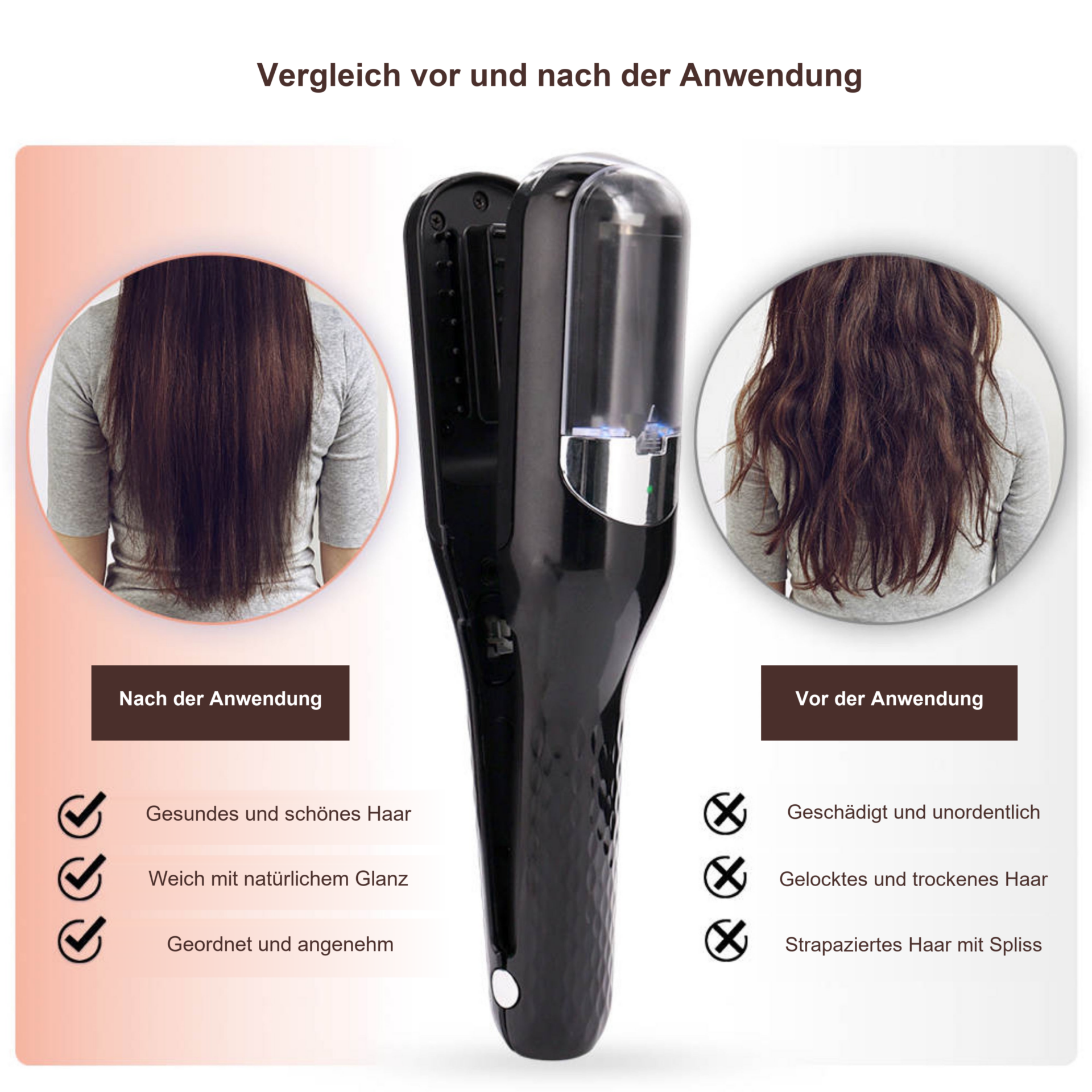 Haarschneider Smart Hair Spliss Trimmer Split Ender – Haarstruktur vor und nach Anwendung im Rundvergleich