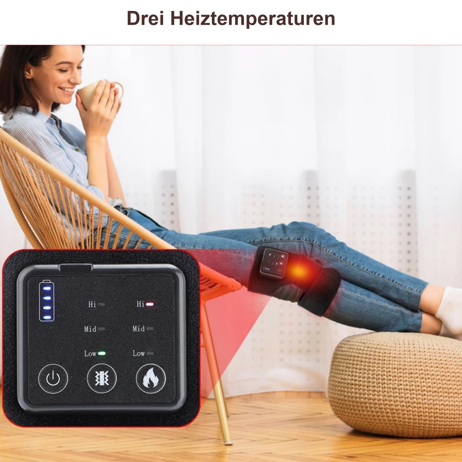 Venentrainer Pain Release 3 Wärmestufen – Wärmeanwendung am ausgestreckten Bein im Sessel