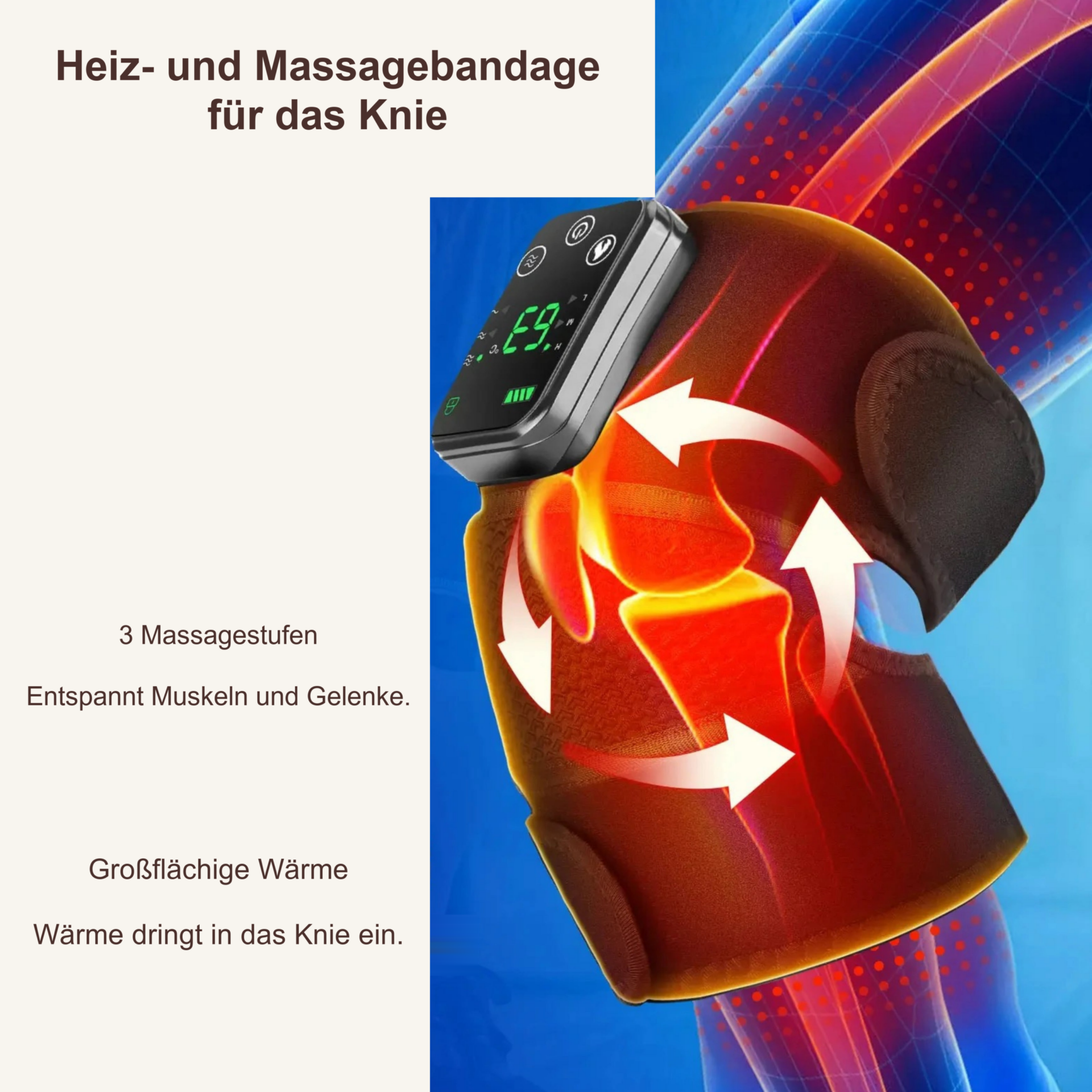 Venentrainer Pain Release 3 Wärmestufen – Wärme- und Massagebereiche der Knie-Manschette