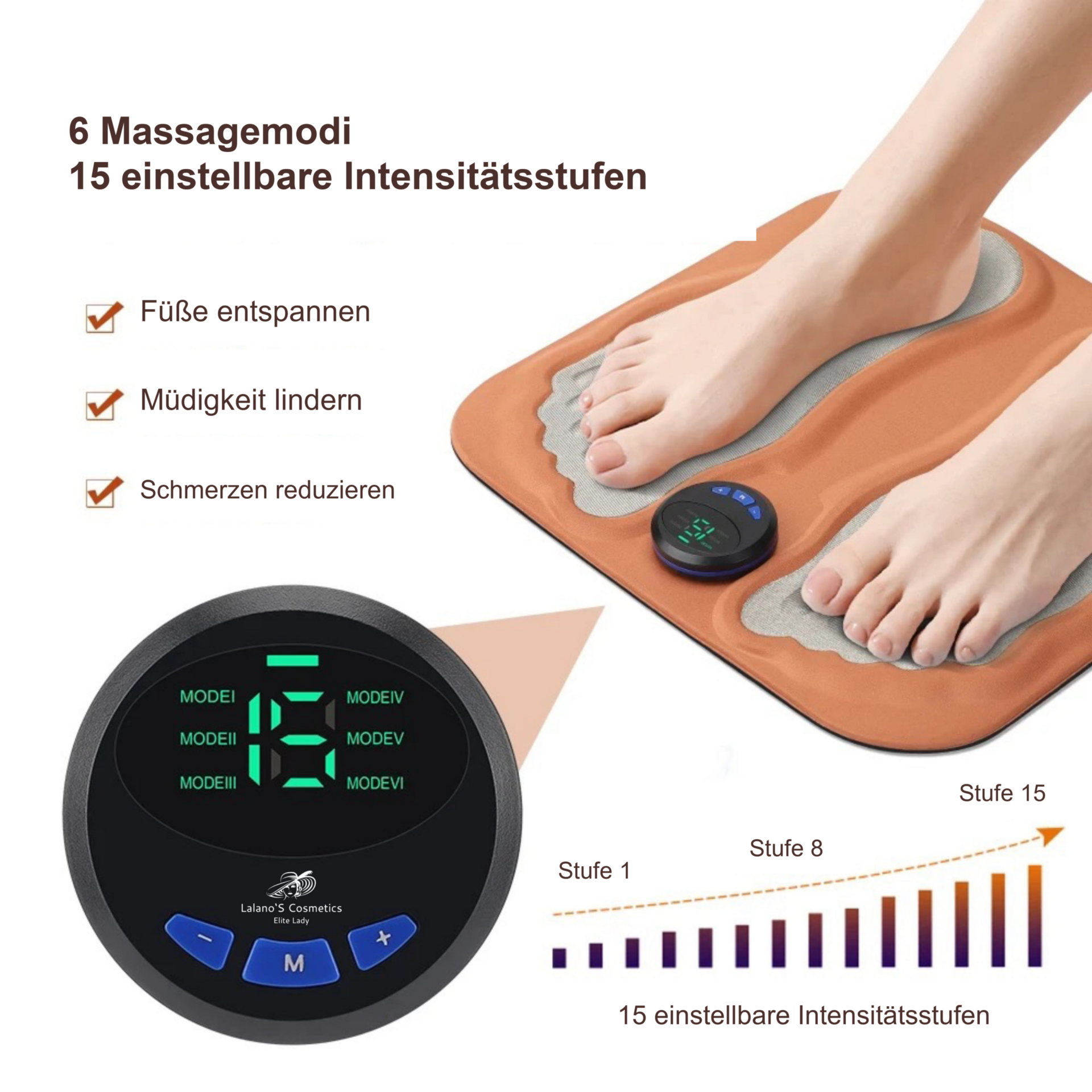 Fußmassagegerät 3D Fußmassagematte – Massageprogramme und Intensitätsanzeige der Matte