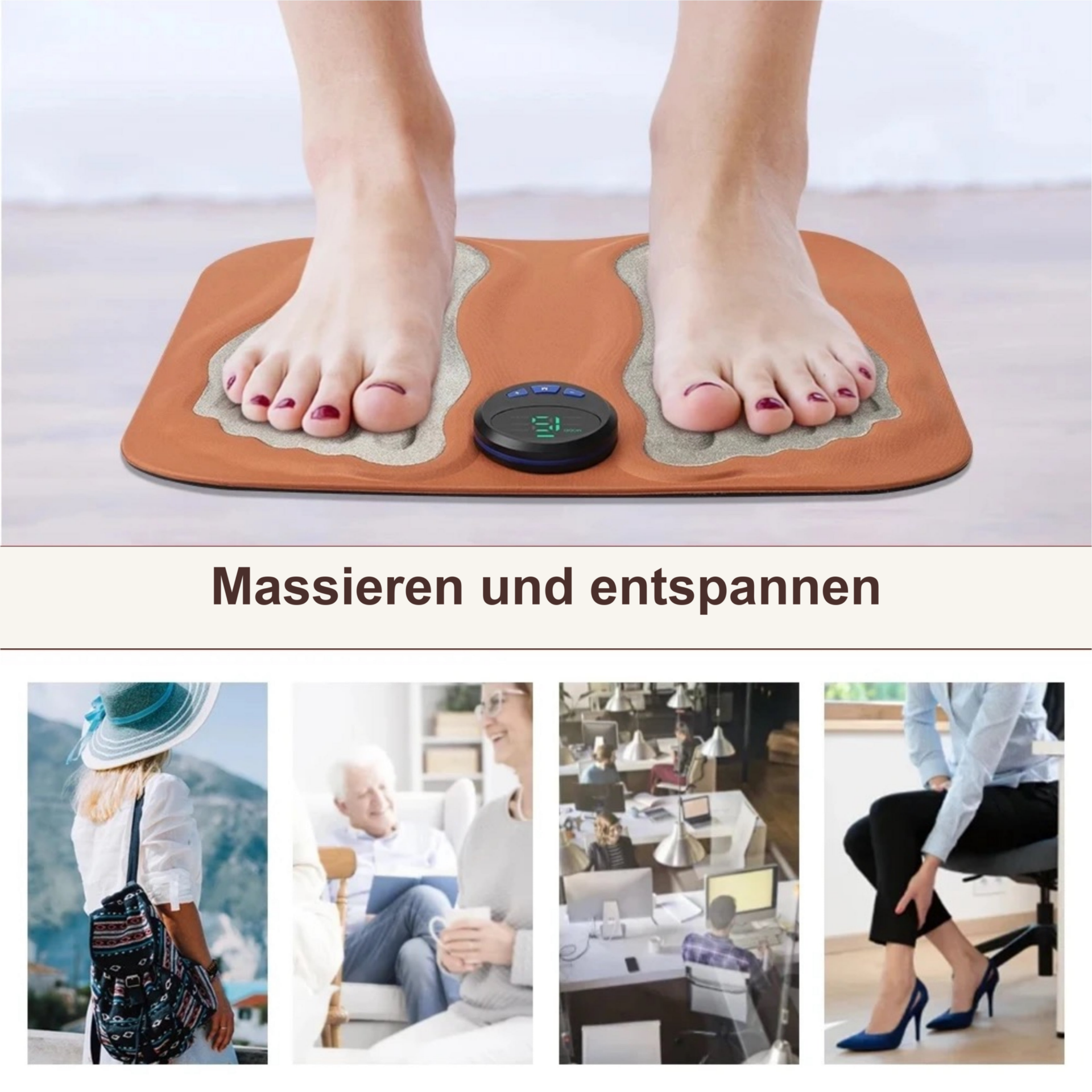Fußmassagegerät 3D Fußmassagematte – Fußkontakt frontal und unterschiedliche Alltagskontexte