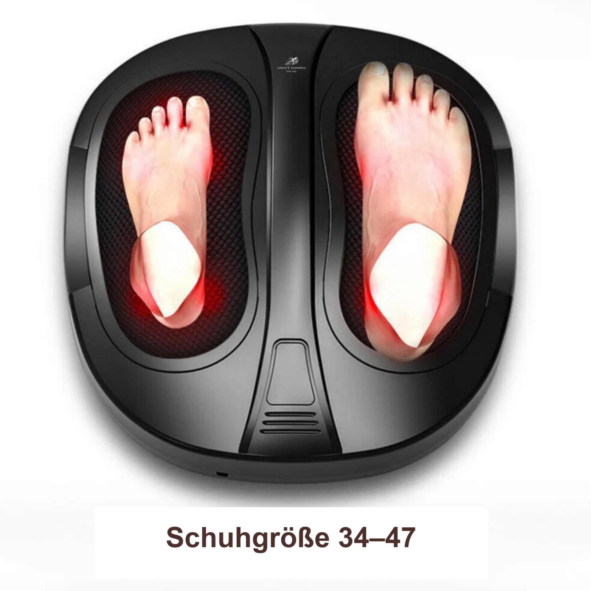 Shiatsu Fußmassagegerät mit Wärmefunktion – Füße auf dem Gerät mit Größenbereich