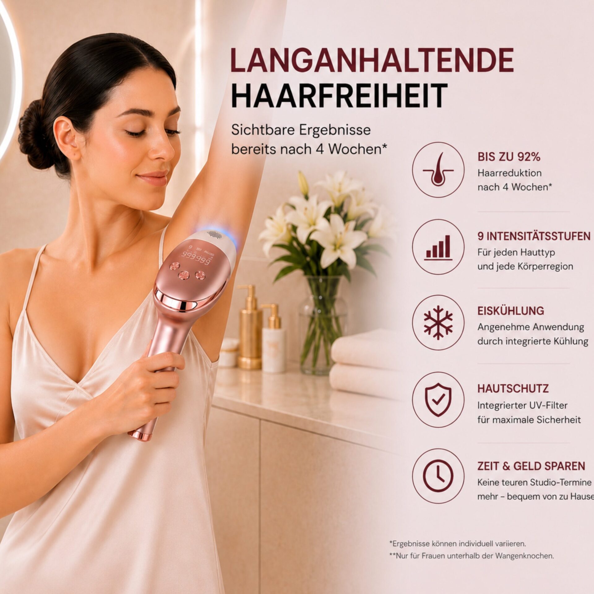 IPL-Haarentferner IceSilk Pro mit Eiskühlfunktion, HR/SC/RA & Auto-Modus – IceSilk in der Hand mit Nutzenübersicht