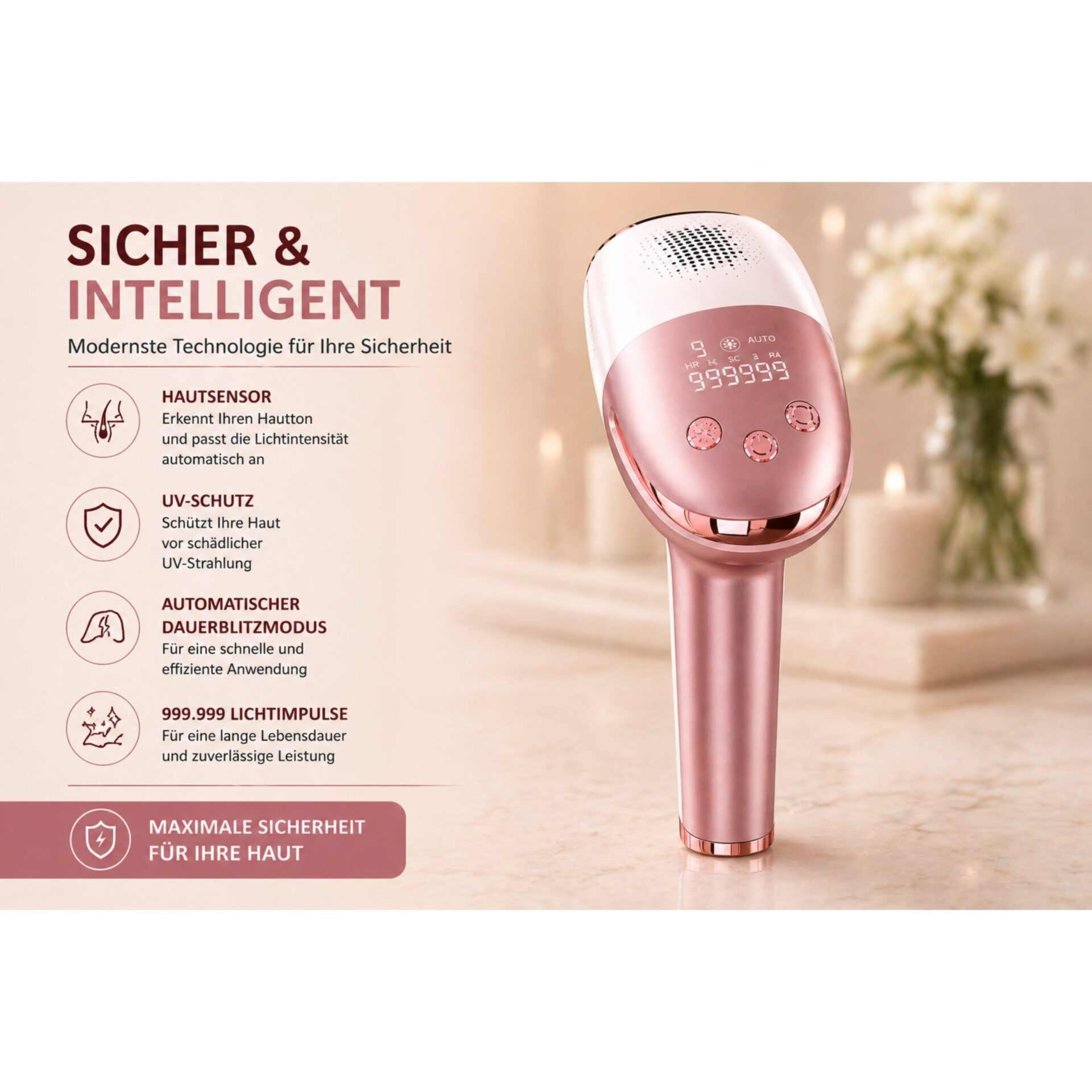 IPL-Haarentferner IceSilk Pro mit Eiskühlfunktion, HR/SC/RA & Auto-Modus – IceSilk mit Übersicht der Schutz- und Bedienmerkmale