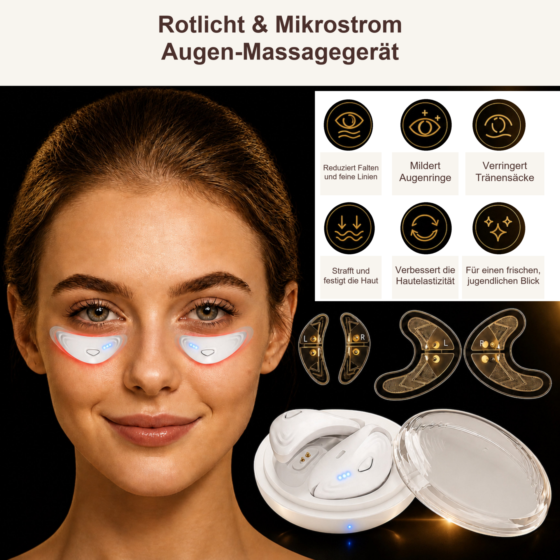 Gesichtsmassagegerät LUMIÉRA EyeLift Pro Augenmassagegerät mit Rotlicht & Mikrostrom – beide Augenpads und Set