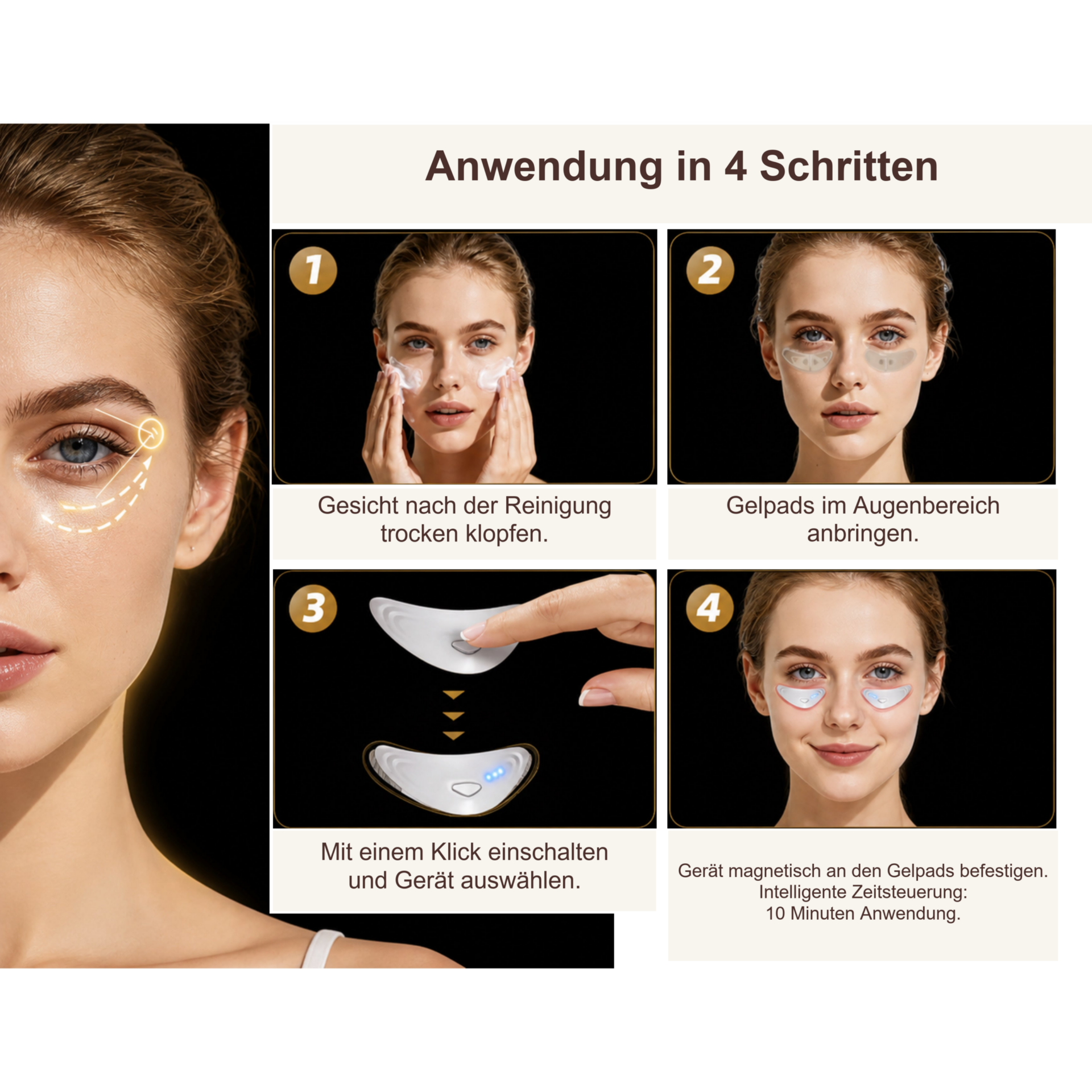 Gesichtsmassagegerät LUMIÉRA EyeLift Pro Augenmassagegerät mit Rotlicht & Mikrostrom – Pads anlegen und einschalten