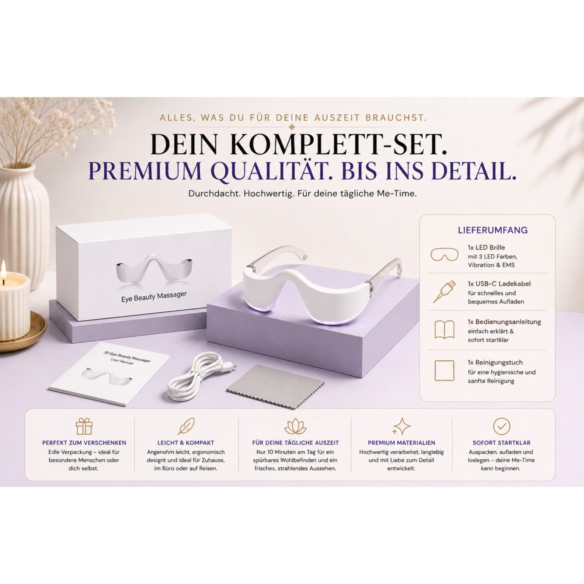 Massagegerät Lumiveo LED Augenmassage Brille mit 3 Lichtmodi, EMS & Vibration – komplettes Set