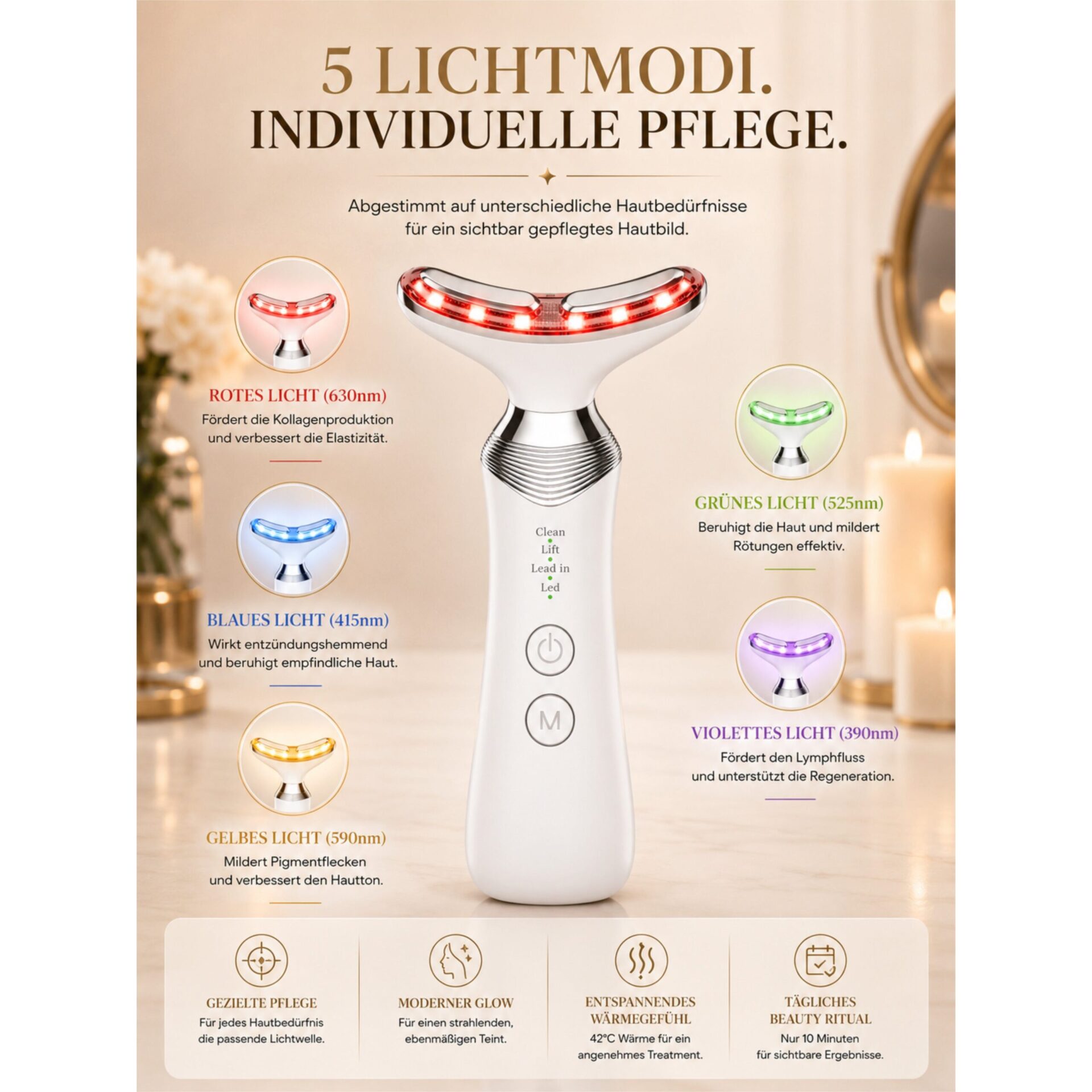 Gesichtsmassagegerät ÉLEVIA Face & Neck Sculptor mit EMS, Wärmefunktion & Vibrationsmassage – Lichtmodi