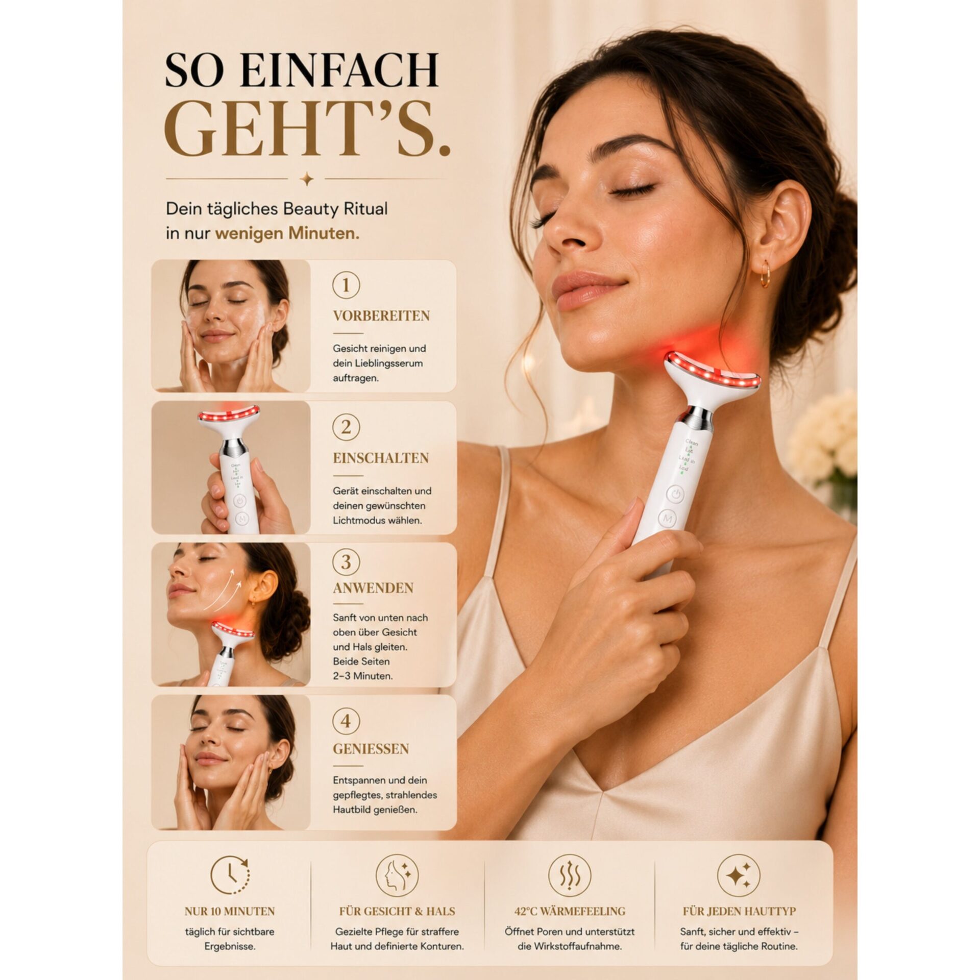 Gesichtsmassagegerät ÉLEVIA Face & Neck Sculptor mit EMS, Wärmefunktion & Vibrationsmassage – Vorbereitung und Geräteführung